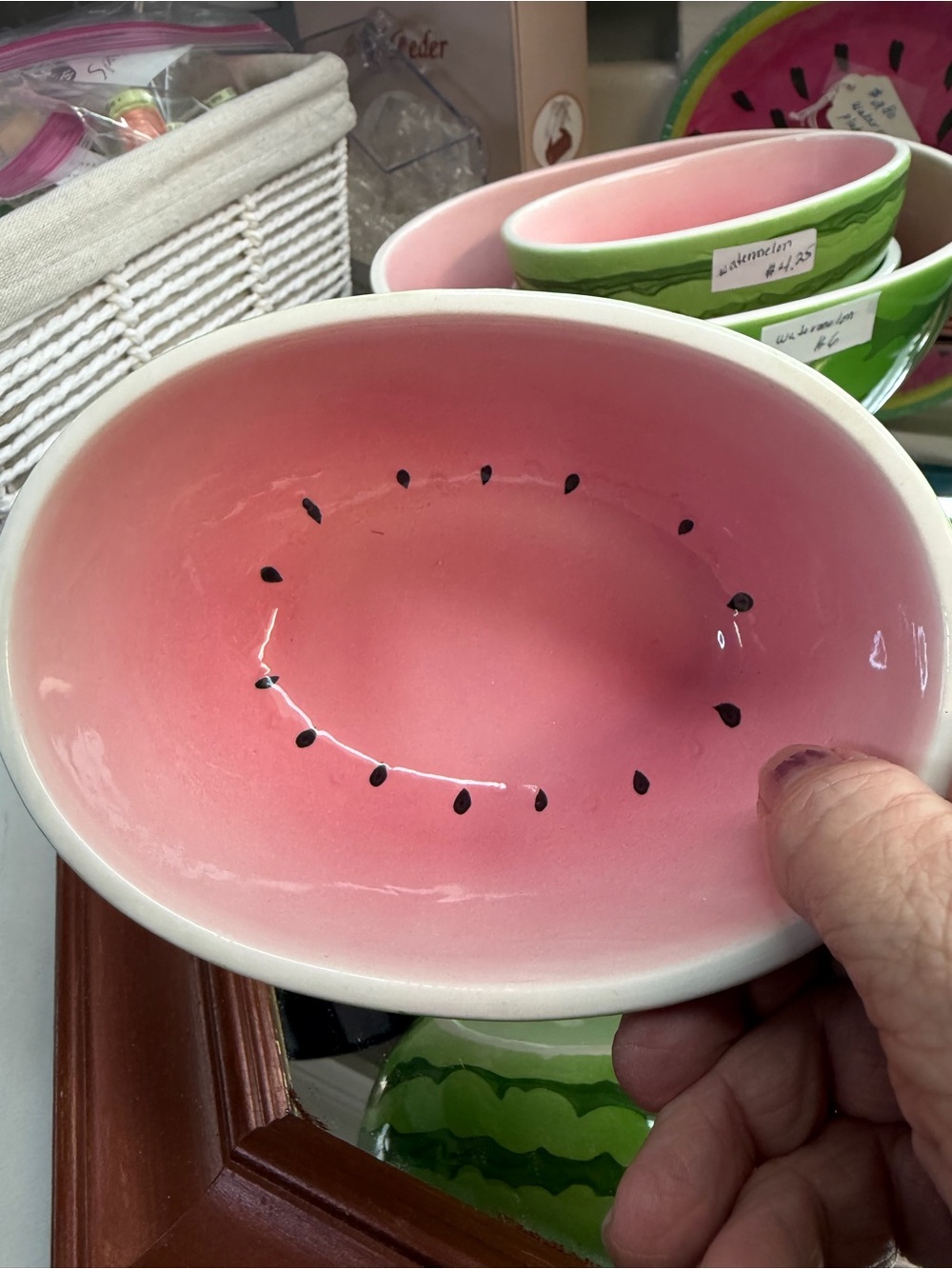 Ceramic Watermelon Dip Bowl Set - 2 pieces Pink and Green-S - Picture 3 of 5